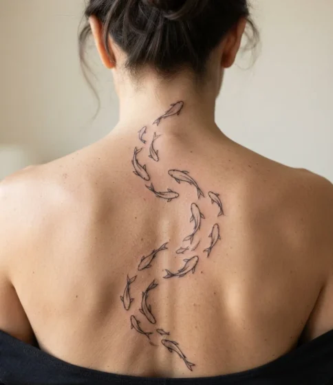 Spiral School of Fish Spine Tattoo