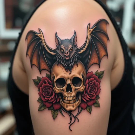 Bat with Classic Skull and Roses 