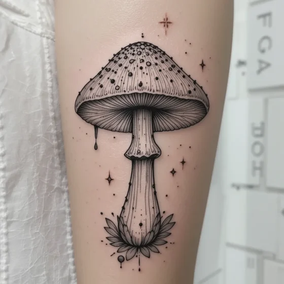 Blackwork Mushroom with Intricate Dots and Lines