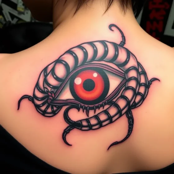 Centipede Coiled Around Red Eye