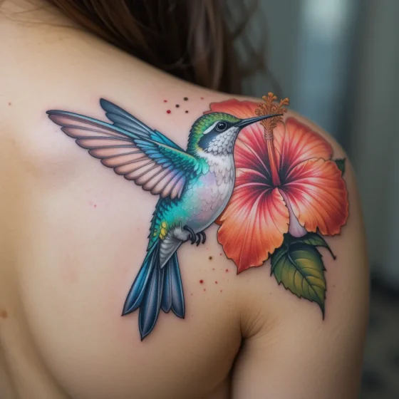 Delicate Hummingbird Hovering Near a Hibiscus