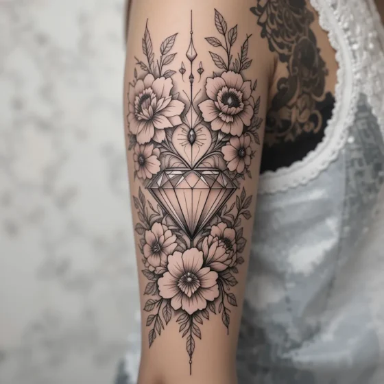 Diamond with Floral Sleeve Tattoo
