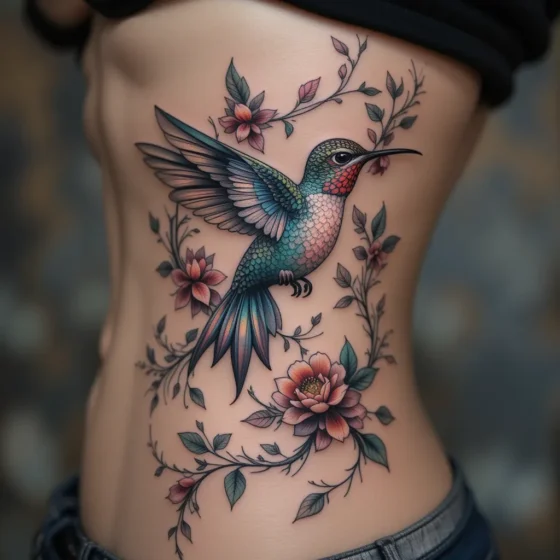Floral Hummingbird with Vines on the Ribcage