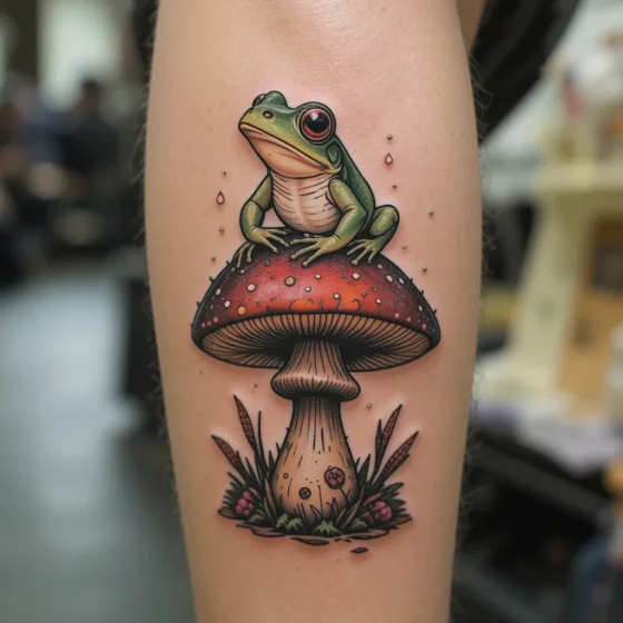 Frog Sitting on a Mushroom Tattoo