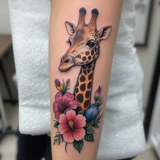 Giraffe with Hibiscus