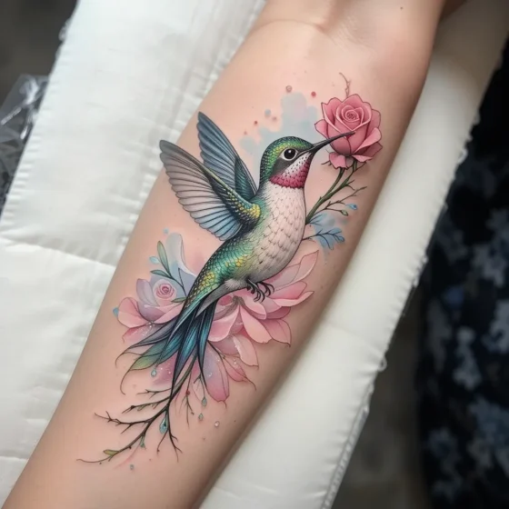 Hummingbird Feeding from a Rose