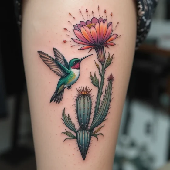 Hummingbird and Cactus Flower