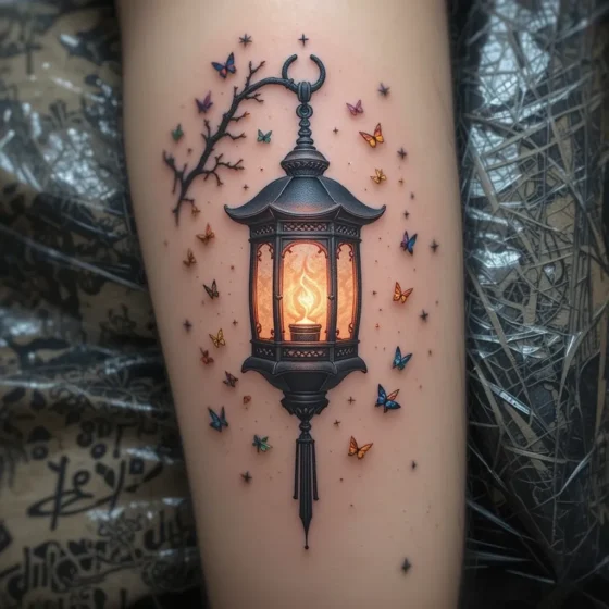 Lantern Surrounded by Fireflies