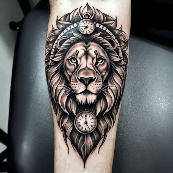 Lion Head with Clock Tattoo