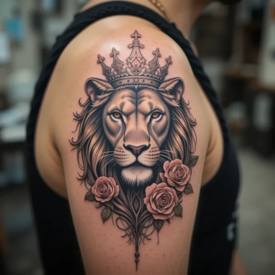 Lion Head with Crown and Roses Tattoo