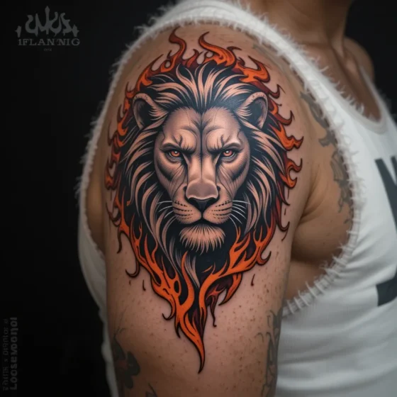 Lion Head with Flames Tattoo