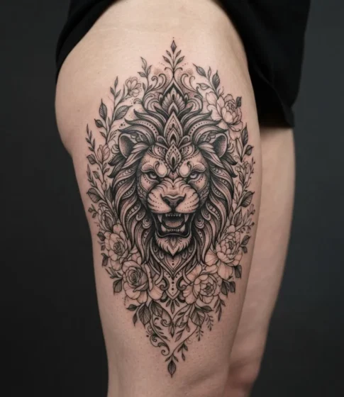 Lion Head with Floral Tattoo