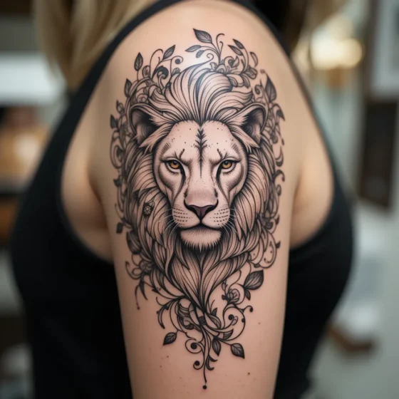 Lion Head with Floral Tattoo