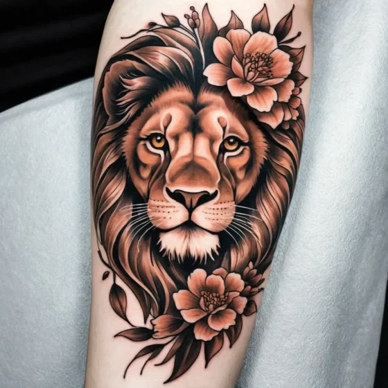 Lion Head with Flowers Tattoo