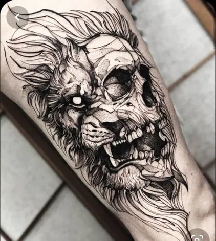 Lion Head with Skull Tattoo