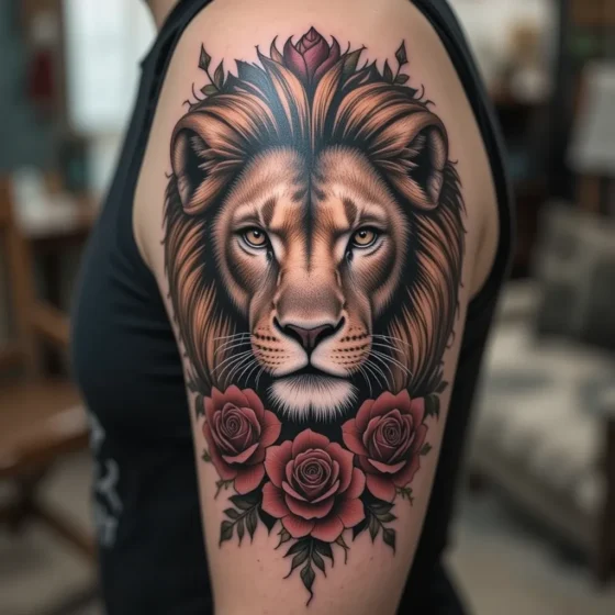 Lion with Wild Roses