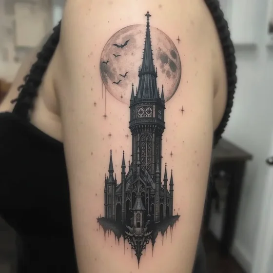 Moonlit Tower With Bats