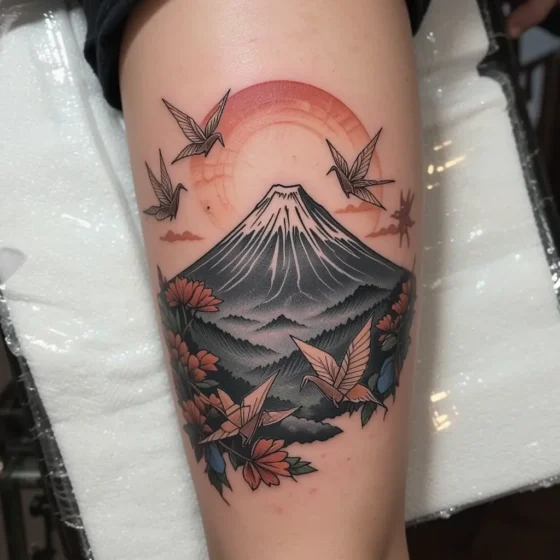 Mount Fuji with Paper Cranes