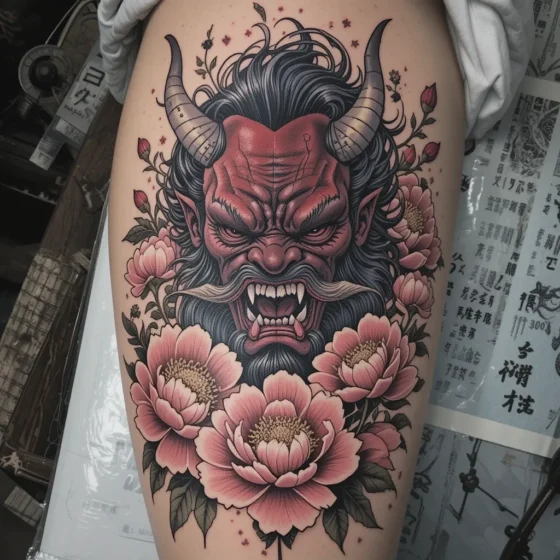 Oni Surrounded by Peony Flowers