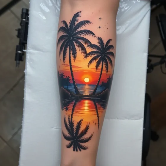 Palm Tree with Sunset and Reflection