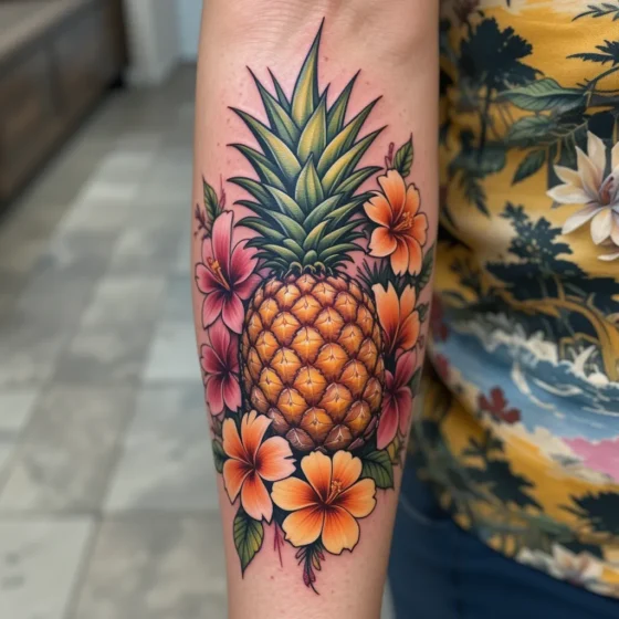 Pineapple and Flowers Tattoo