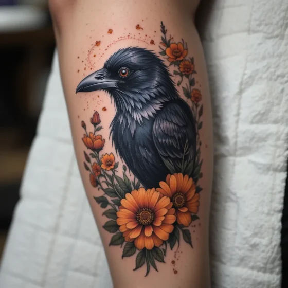 Raven with Marigolds