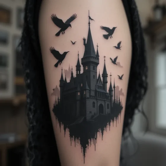 Silhouetted Castle With Crows