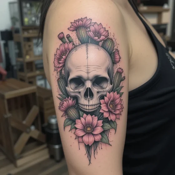 Skull with Blooming Cactus