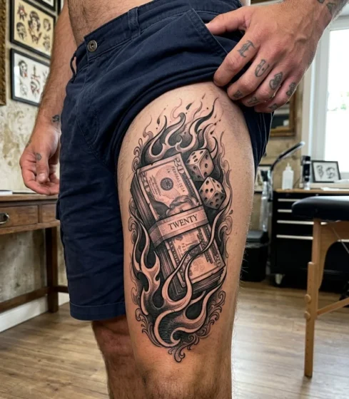 Stacked Money or Dice with Flames
