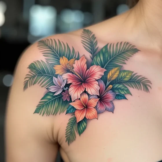 Tropical Palm Leaves and Flowers Tattoo