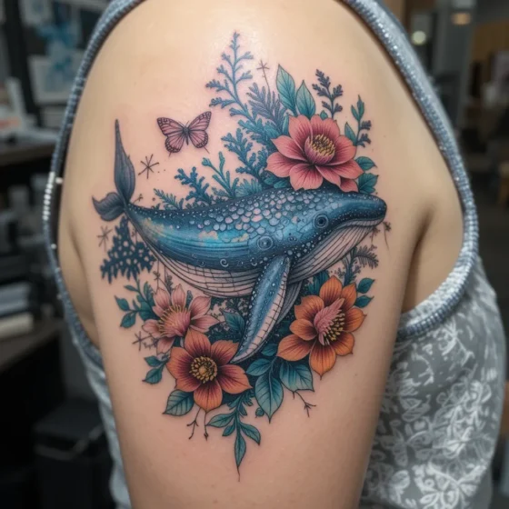 Whale with Coral Flowers