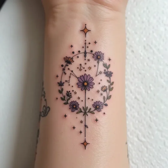 Aster and Stars Wrist Tattoo