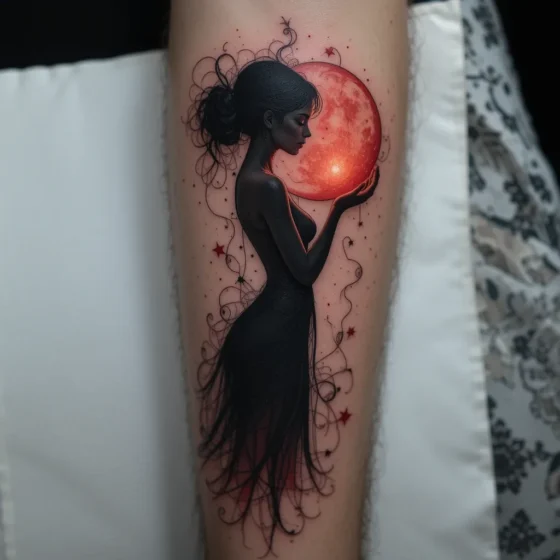 Female Silhouette Holding Red Moon