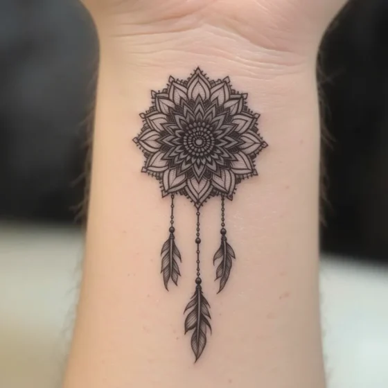 Fine-Lined Mandala with Feather Dangles
