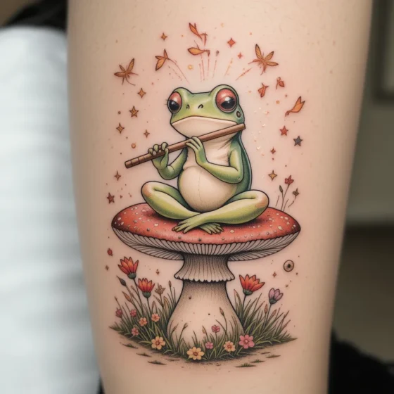 Frog Playing Flute on Mushroom