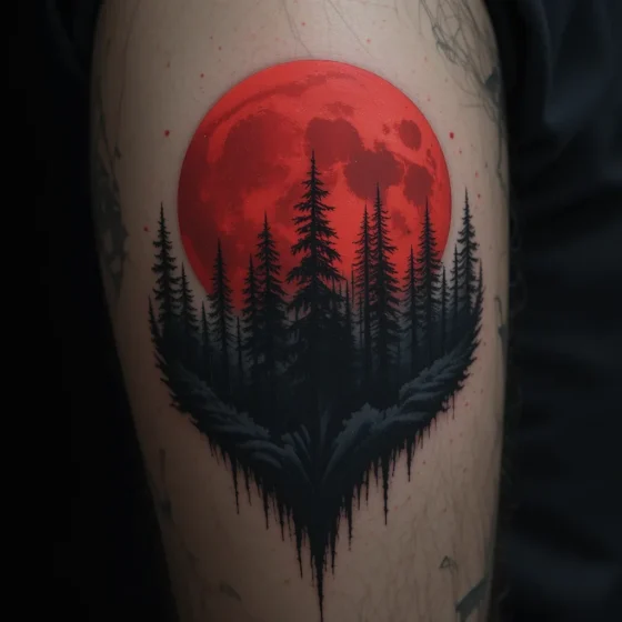 Full Red Moon Behind Forest Silhouettes
