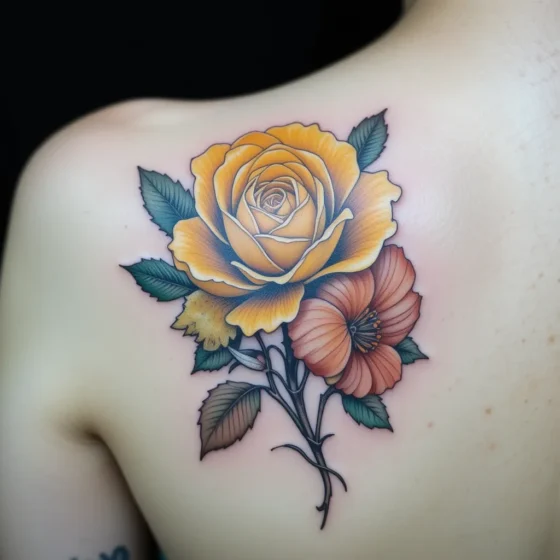 Lifelike Yellow Rose and Poppy Tattoo