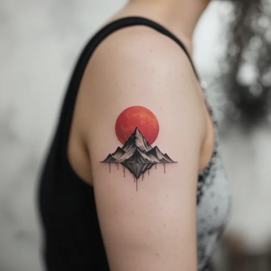 Minimalist Red Moon Behind a Mountain Peak