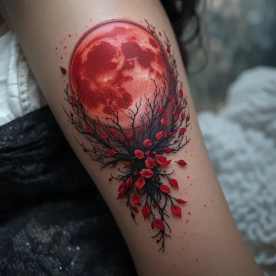 Red Moon with Falling Petals