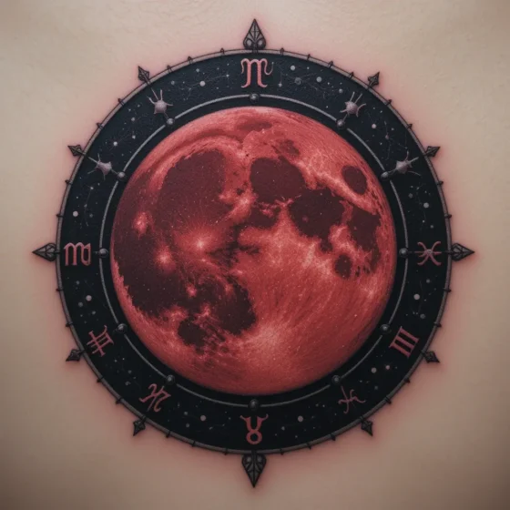 Red Moon with Zodiac Constellations
