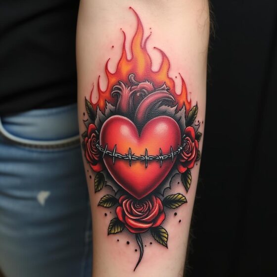 Sacred Heart with Roses and Flames