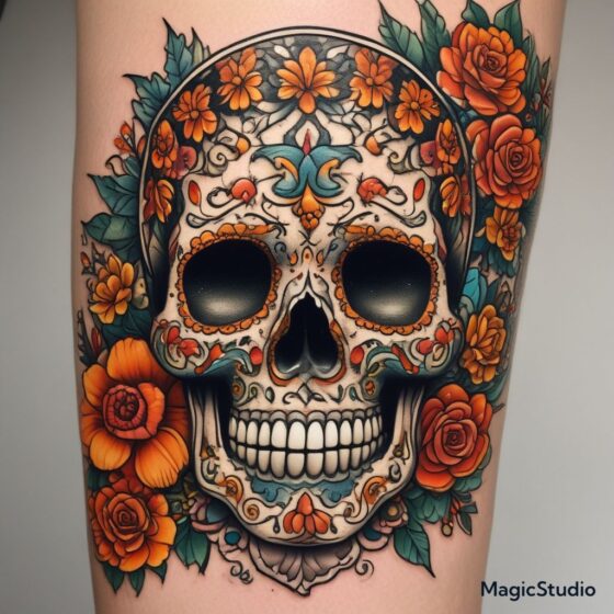 Sugar Skull with Marigolds