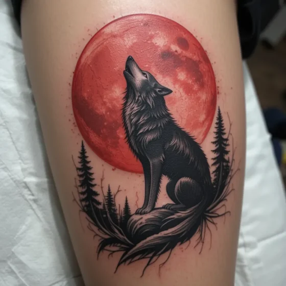 Wolf Howling at Red Moon