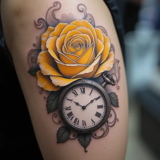 Yellow Rose and Clock Tattoo