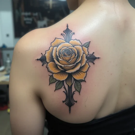 Yellow Rose and Cross Tattoo