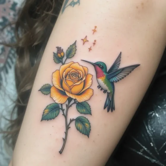 Yellow Rose and Hummingbird Tattoo