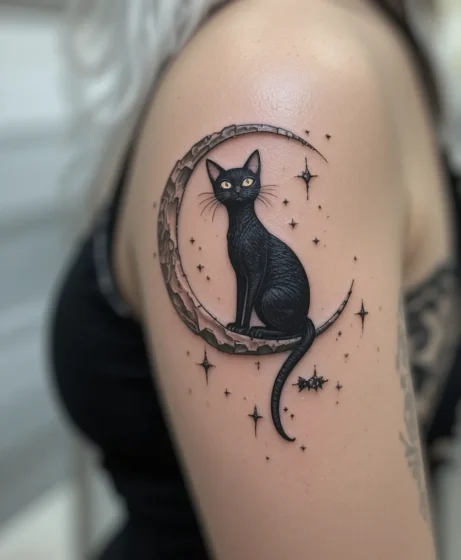 Black Cat Sitting on a Crescent Moon