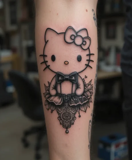 Blackwork Hello Kitty Tattoo