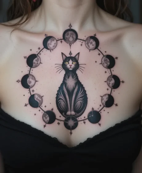 Cat Surrounded by Moon Phases