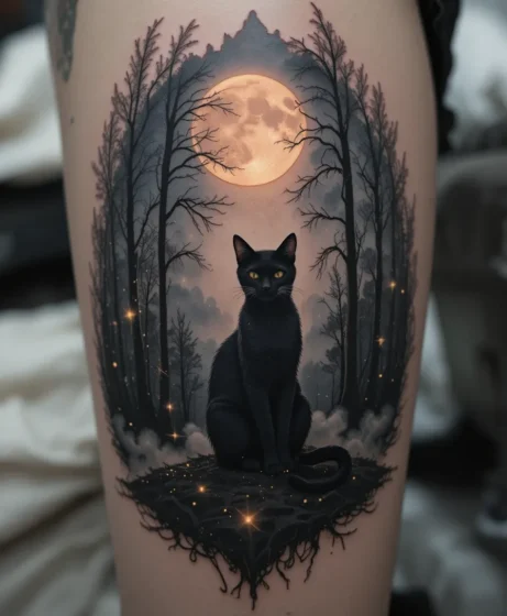 Moonlit Witchy Cat Forest Scene